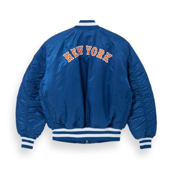 NEW ERA ALPHA INDUSTRIES NEW ERA MA-1 BOMBER JACKET NEW YORK METS CAMO BLUE - Picture 2 of 5